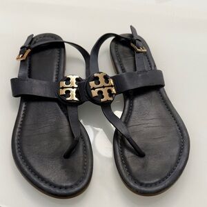 Tory Burch Black Sandals with Gold Emblem